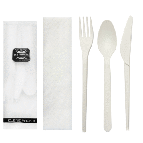 CLENE PACK Compostable CPLA Cutlery Set – 6.5” Spoon, Fork, Knife with Napkin, Eco-Friendly & Heat-Resistant, Individually Wrapped, 500 Pack