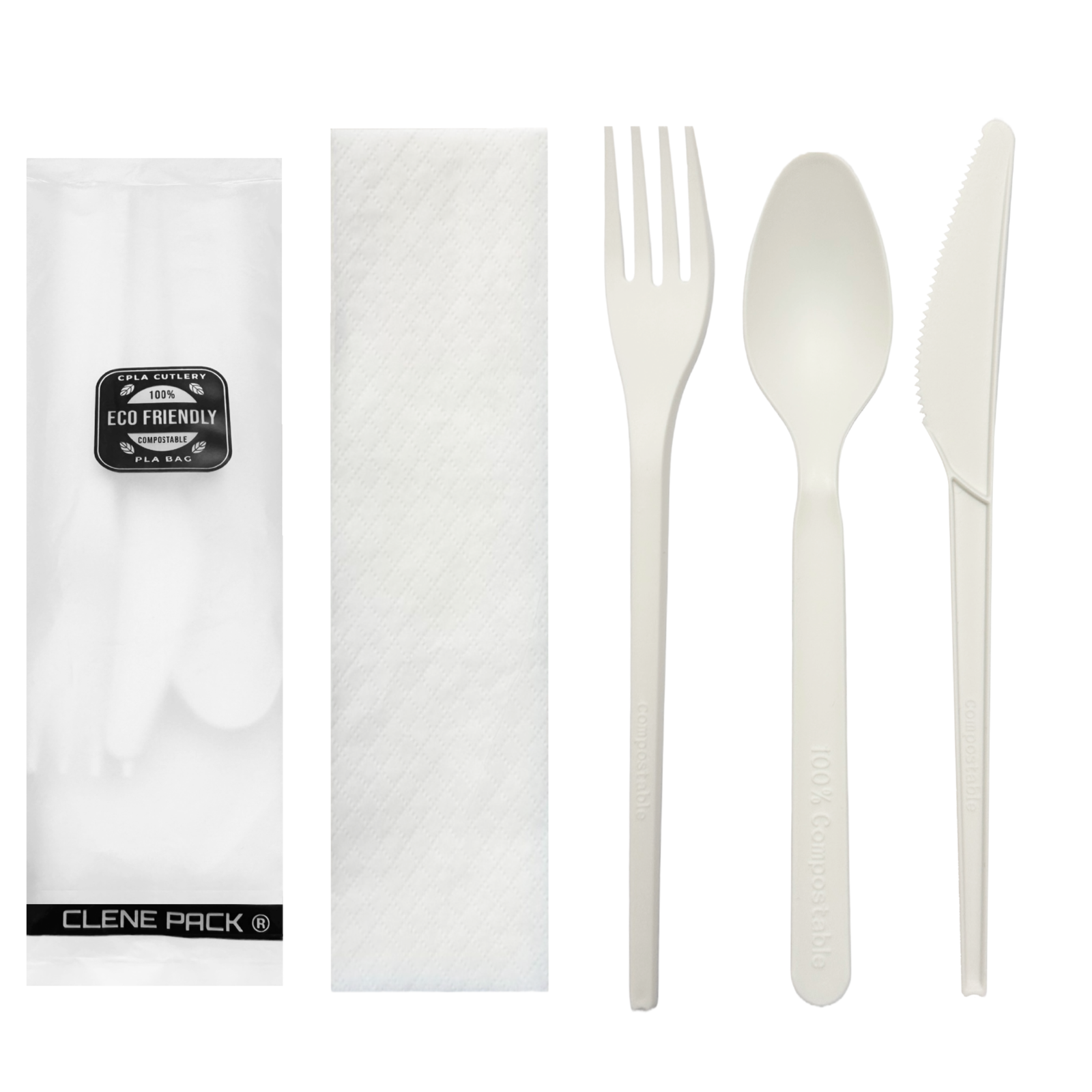 CLENE PACK Compostable CPLA Cutlery Set – 6.5” Spoon, Fork, Knife with Napkin, Eco-Friendly & Heat-Resistant, Individually Wrapped, 500 Pack