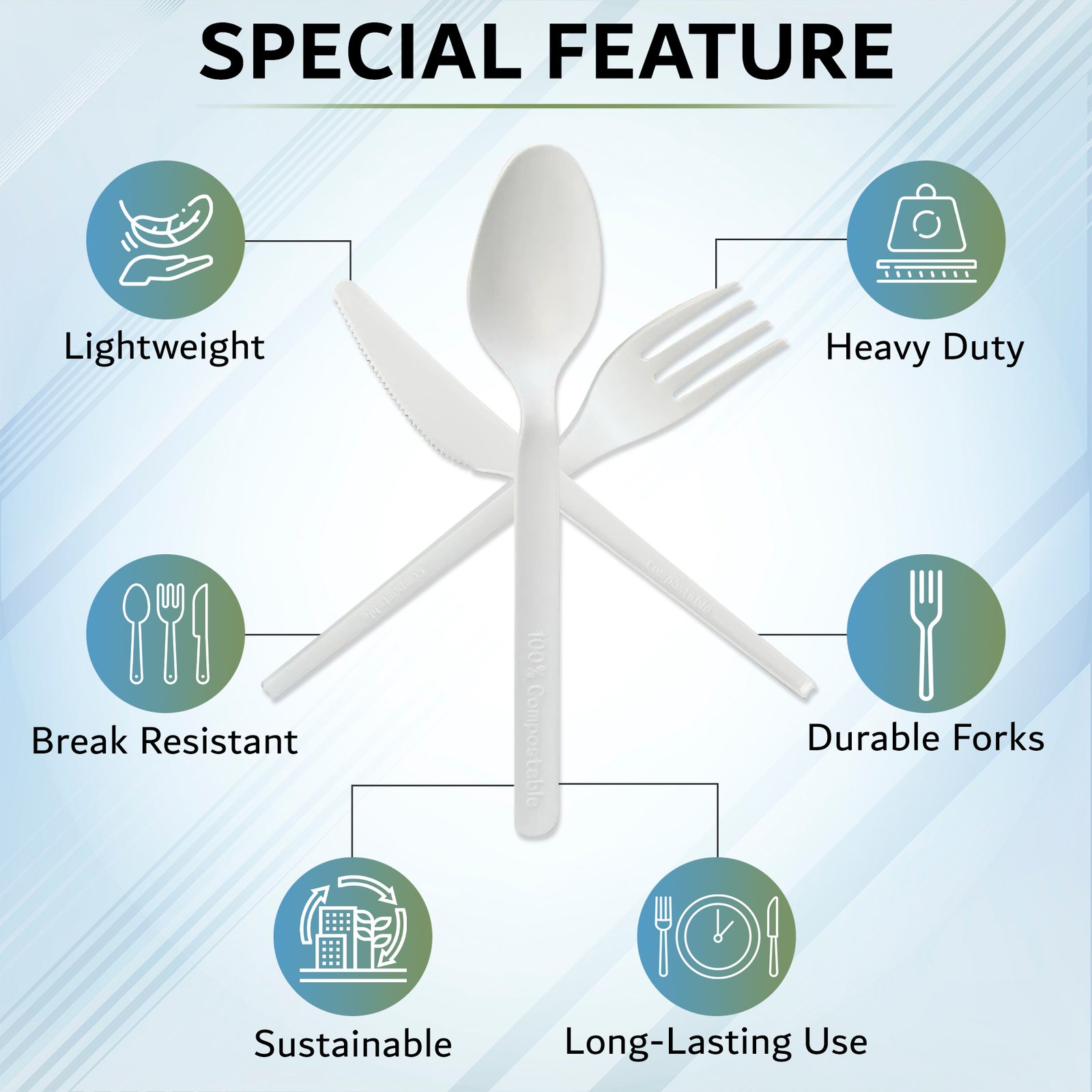 CLENE PACK Compostable CPLA Cutlery Set – 6.5” Spoon, Fork, Knife with Napkin, Eco-Friendly & Heat-Resistant, Individually Wrapped, 500 Pack - Image 3